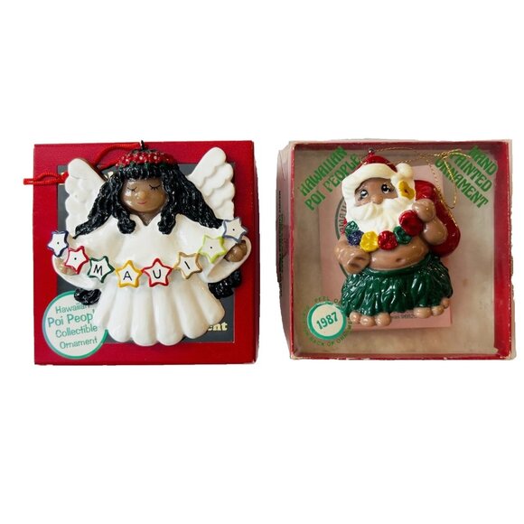 Vintage Hawaiian Poi People Santa w/Sack & Maui Angel Hanging Ornaments 1986-87 - Picture 1 of 16